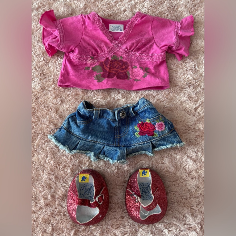Build-A-Bear Ruffle Floral Top & Matching Denim Skirt with Shoes